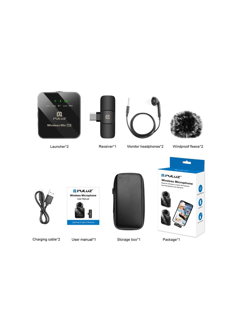PULUZ - PULUZ Wireless Lavalier Microphone for Type C Phone, Type C Receiver and Dual Microphones, 12 hour battery life for iphone 15, samsung, xiaomi, oneplus, oppo, vivo, Tablets - Image 1
