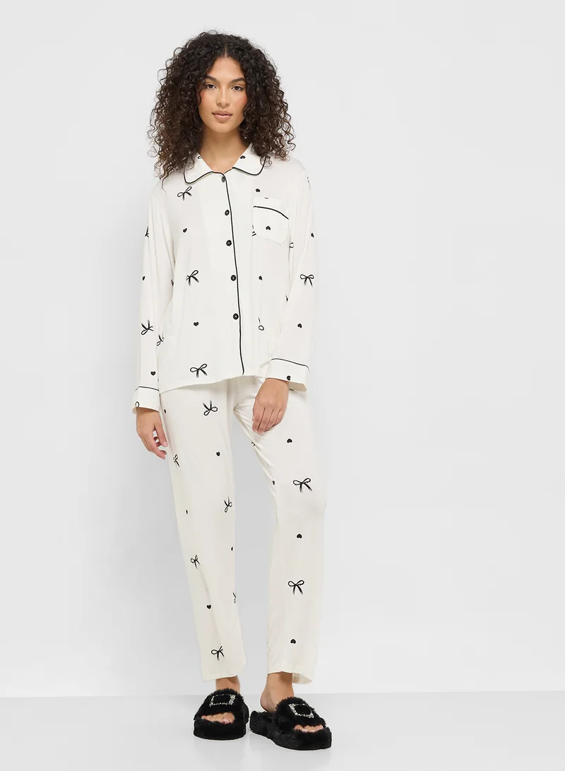 Ginger Bow Print Button Down Shirt & Pyjama Set