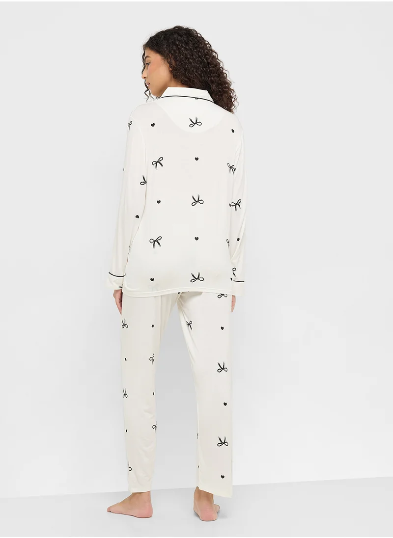Ginger Bow Print Button Down Shirt & Pyjama Set