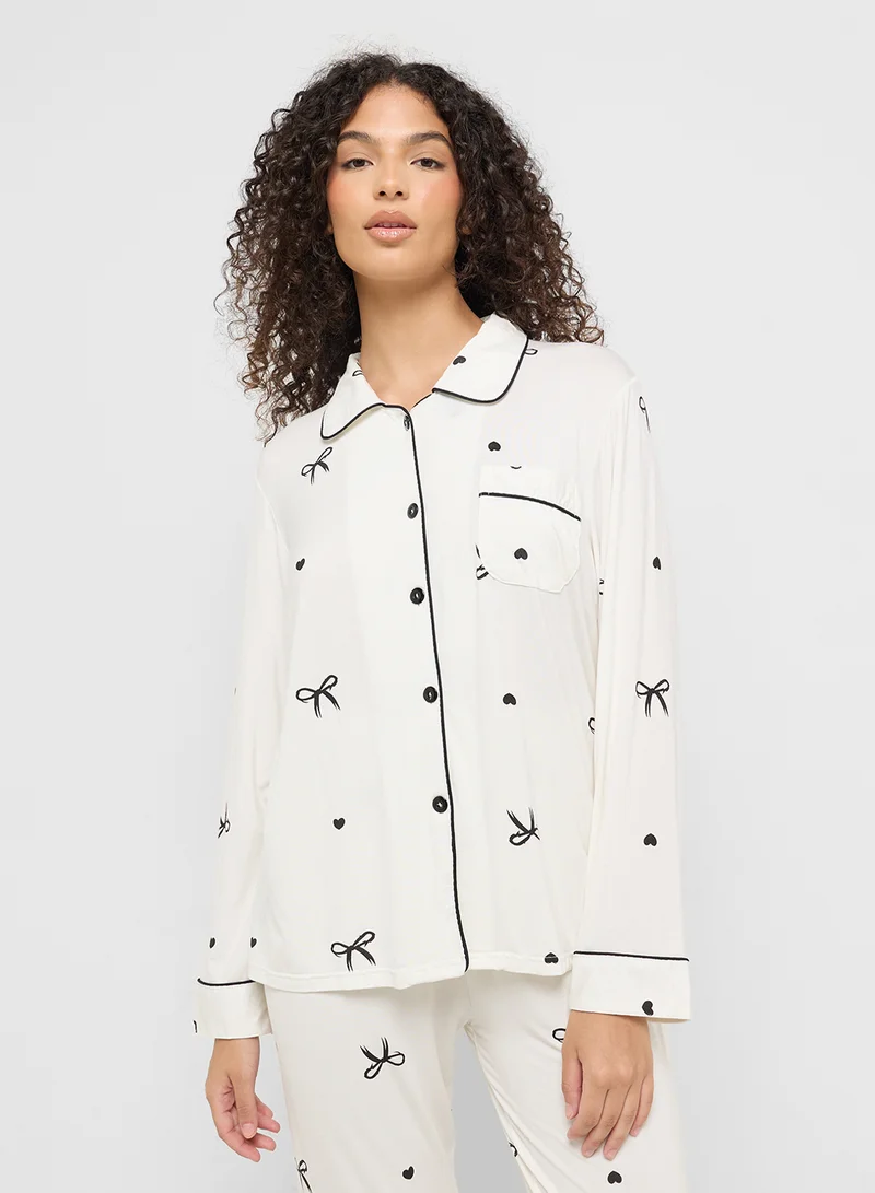 Ginger Bow Print Button Down Shirt & Pyjama Set