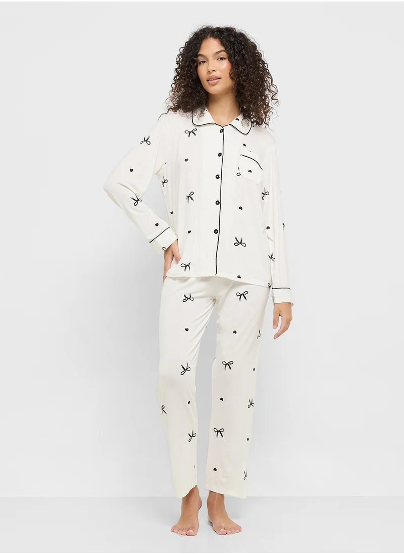 Ginger Bow Print Button Down Shirt & Pyjama Set