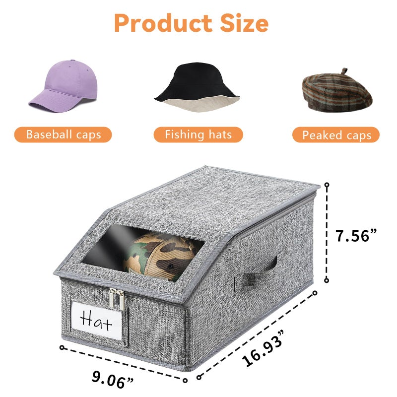 Euct 2 Pack Grey Hat Organizer for Baseball Cap, Hat Storage for Closet with Clear Window, Breathable Fabric Hat Box for Snacks, Toys, Socks, Stackable Hat Storage Organizer for Men/Women - Image 2