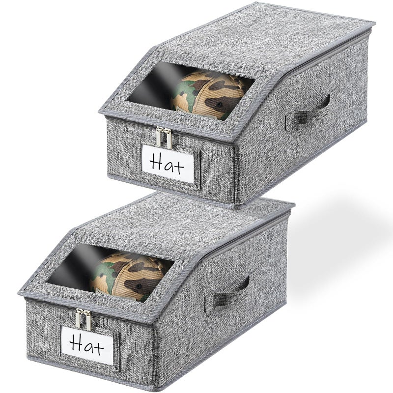 Euct 2 Pack Grey Hat Organizer for Baseball Cap, Hat Storage for Closet with Clear Window, Breathable Fabric Hat Box for Snacks, Toys, Socks, Stackable Hat Storage Organizer for Men/Women - Image 1