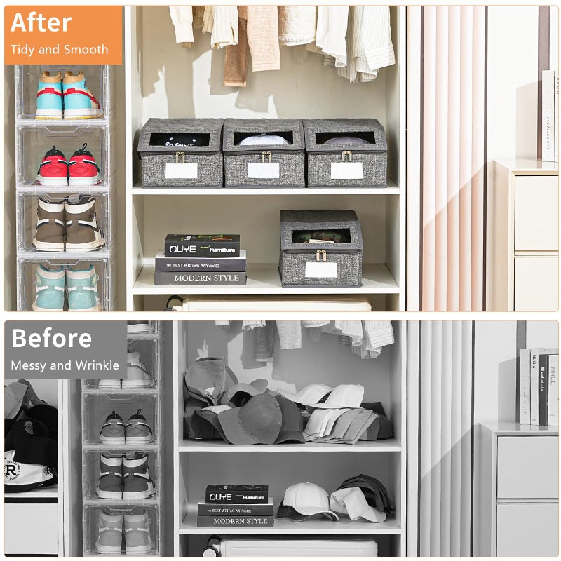 Euct 2 Pack Grey Hat Organizer for Baseball Cap, Hat Storage for Closet with Clear Window, Breathable Fabric Hat Box for Snacks, Toys, Socks, Stackable Hat Storage Organizer for Men/Women - Image 5
