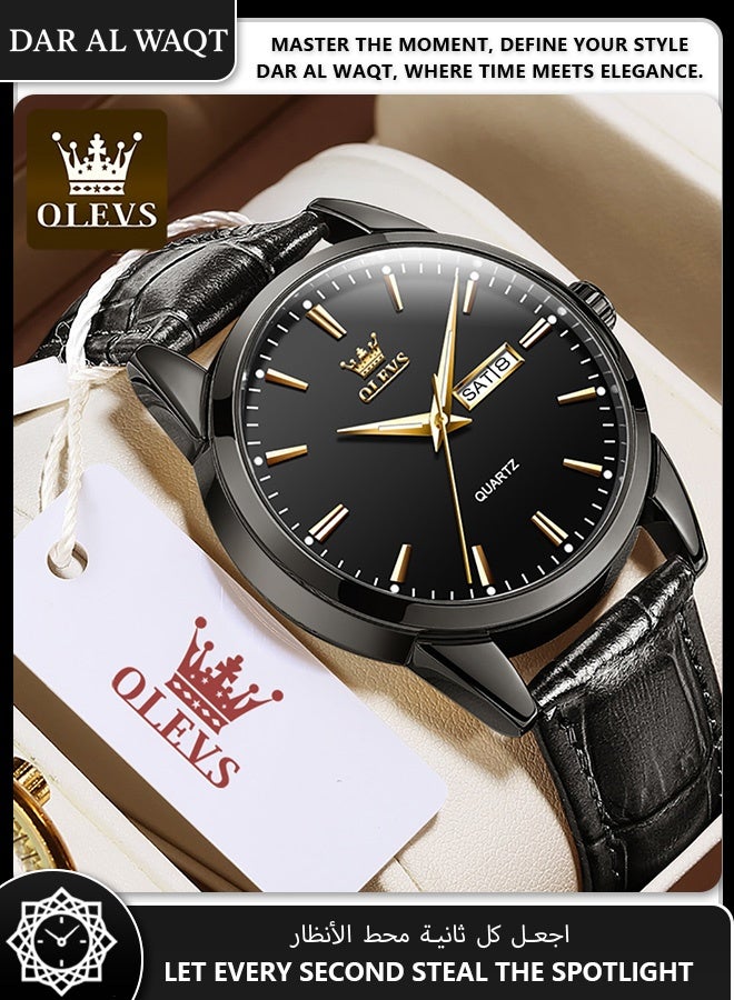 أوليفز ساعة فاخرة من OLEVS للرجال – جلد أسود، علبة سوداء، قرص أسود، كوارتز، مقاومة للماء - Image 3