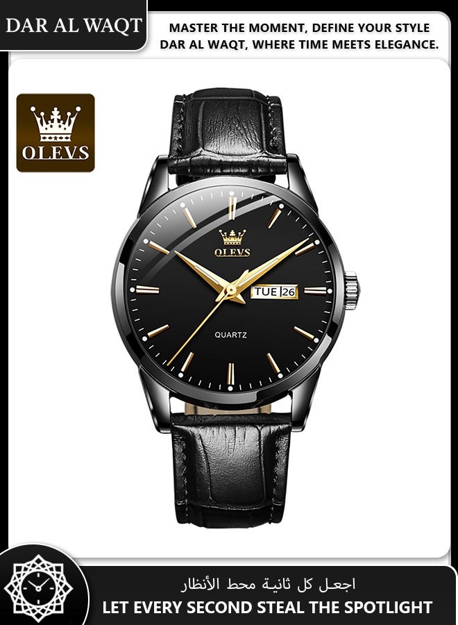 أوليفز ساعة فاخرة من OLEVS للرجال – جلد أسود، علبة سوداء، قرص أسود، كوارتز، مقاومة للماء - Image 1