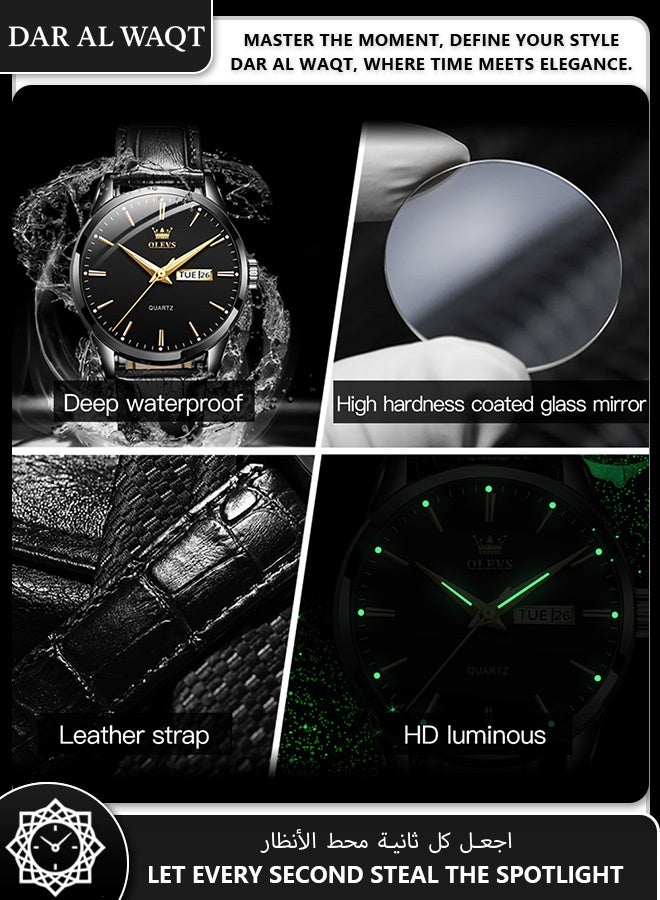 أوليفز ساعة فاخرة من OLEVS للرجال – جلد أسود، علبة سوداء، قرص أسود، كوارتز، مقاومة للماء - Image 4