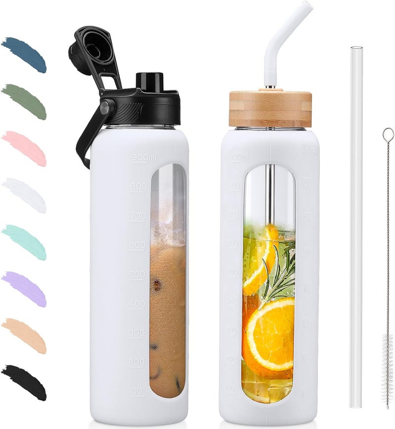 BLUEGO 900 ml Glass Water Bottle with Straw and 2 Lids, Glass Coffee Cup with Time Marking and Silicone Protection, Glass Cup for Drinks, Soda Cola, BPA-Free, White - Image 1