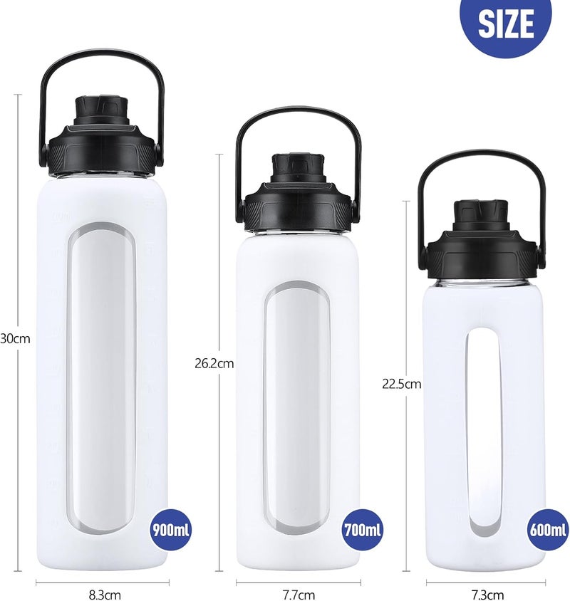 BLUEGO 900 ml Glass Water Bottle with Straw and 2 Lids, Glass Coffee Cup with Time Marking and Silicone Protection, Glass Cup for Drinks, Soda Cola, BPA-Free, White - Image 5