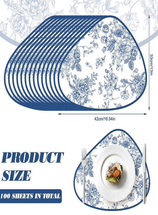 Stuffygreenus 100 Pcs Blue Floral Paper Placemats 16.5" x 13" Pebble Shape Floral Paper Placemats Disposable Chinoiserie Flower Place Mats for Dinner Table Setting Wedding Baby Shower Bridal Tea Party Decor - Image 2