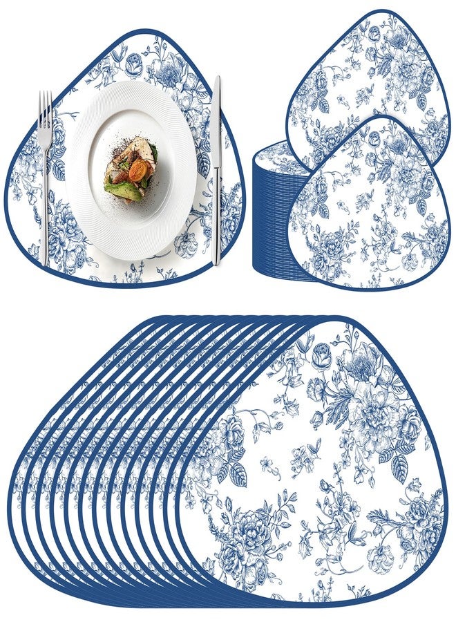 Stuffygreenus 100 Pcs Blue Floral Paper Placemats 16.5" x 13" Pebble Shape Floral Paper Placemats Disposable Chinoiserie Flower Place Mats for Dinner Table Setting Wedding Baby Shower Bridal Tea Party Decor - Image 1
