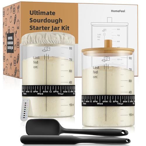 HomeFeel Premium Sourdough Starter Jar  34 Oz Large Glass Jar with Bamboo Lid Cloth Cover Date Tracker Thermometer and Scraper Stylish Design and Wide Mouth Starter Kit 2 Pack - Image 1
