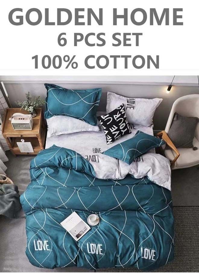 GOLDEN HOME طقم غطاء لحاف مكون من 6 قطع من القطن المطبوع بمقاس فردي، يتضمن 1 ملاءة سرير مقاس 120 × 200 + 30 سم، 1 لحاف/غطاء سرير 160 × 210 سم، 2 كيس وسادة 55 × 80 سم، 2 كيس وسادة 45 × 70 سم متعدد الألوان 