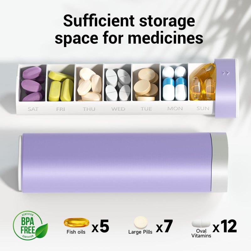 Betife Travel Pill Organizer Weekly 7 Day, Compact Daily Pill Box, Portable Medicine Case, Cute Pill Holder for Vitamins Supplements, Drawer-Shaped Pills Organizer (Purple) - Image 3