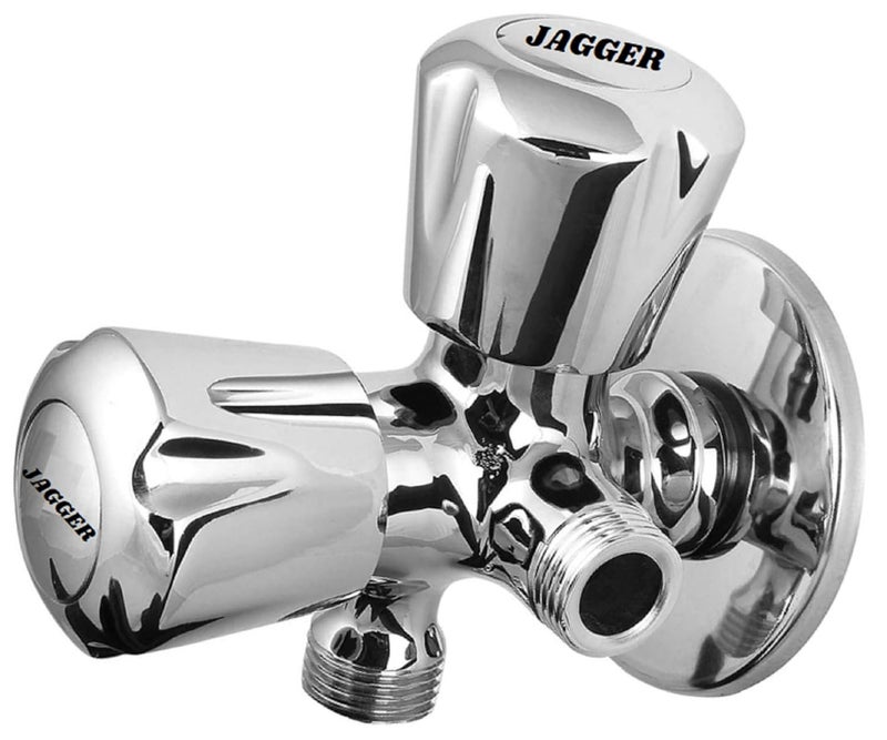 JAGGER صنبور زاوية مزدوج من النحاس الكامل JAG126 / صمام زاوية 2 في 1 للحمام / المرحاض / المنزل، 1/2 بوصة ربع دورة مع شريط تفلون وقاعدة حائط (أنيق) - Image 1