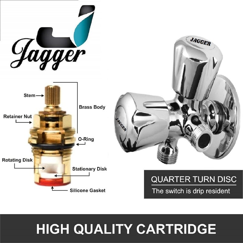 JAGGER صنبور زاوية مزدوج من النحاس الكامل JAG126 / صمام زاوية 2 في 1 للحمام / المرحاض / المنزل، 1/2 بوصة ربع دورة مع شريط تفلون وقاعدة حائط (أنيق) - Image 4