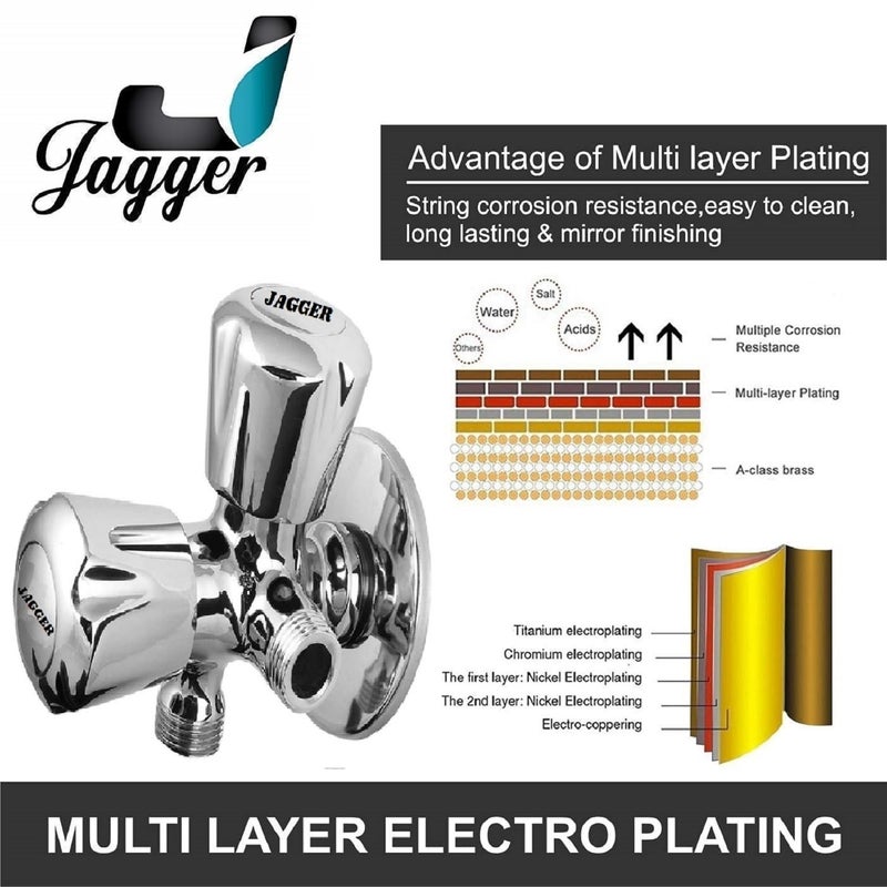 JAGGER صنبور زاوية مزدوج من النحاس الكامل JAG126 / صمام زاوية 2 في 1 للحمام / المرحاض / المنزل، 1/2 بوصة ربع دورة مع شريط تفلون وقاعدة حائط (أنيق) - Image 3