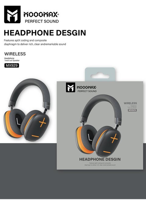 Moogmax MX-929 Twist-out Wireless Headphone Built-in a Microphone, and Up to 50 Hours Playtime, Crystal Clear 8D Sound, and Control Buttons in Black & Orange color.