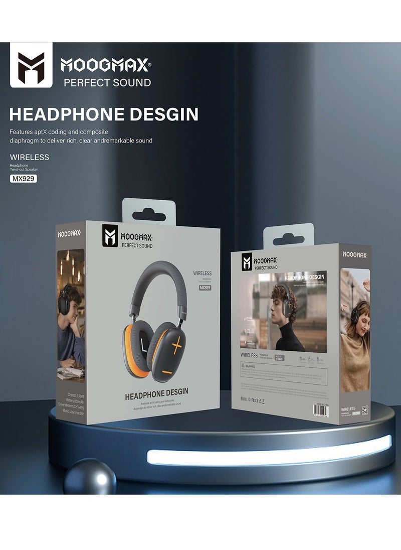 MOOGMAX - Moogmax MX-929 Twist-out Wireless Headphone Built-in a Microphone, and Up to 50 Hours Playtime, Crystal Clear 8D Sound, and Control Buttons in Black & Orange color. - Image 1