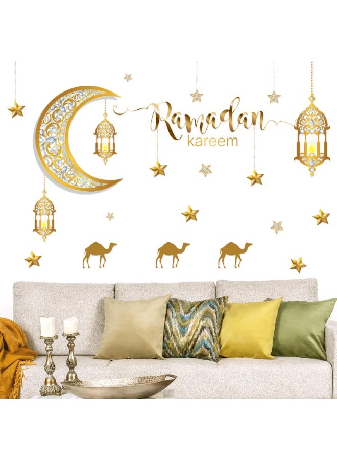 Chielor Ramadan Wall Decor Stickers, Islamic Muslim Wall Decals Stickers Eid Mubarak Lantern Moon Star Window Decor for Home Living Room Bedroom Decorations Ramadan Wallpaper (Gold Ramadan) - Image 1