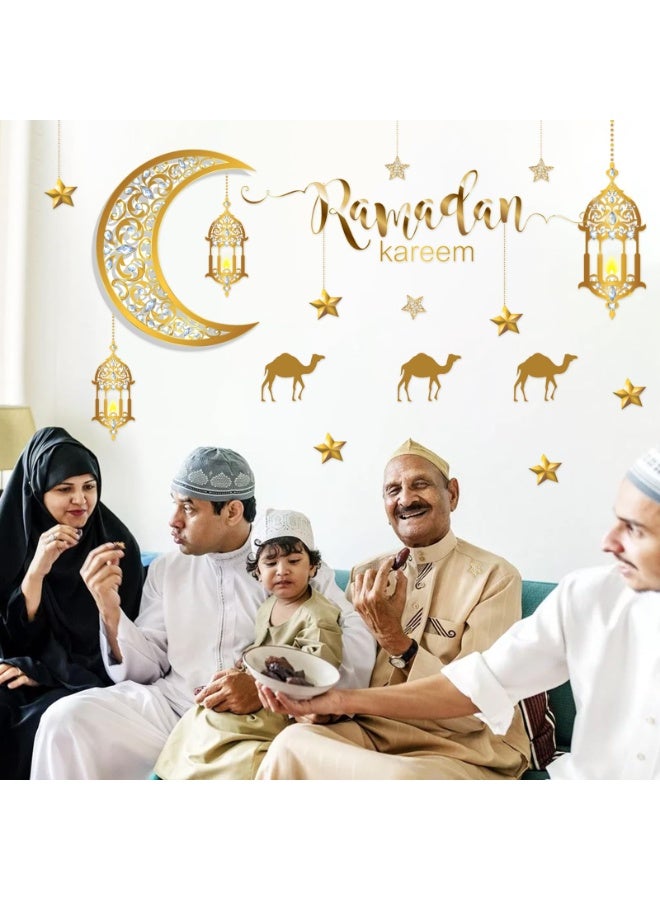 Chielor Ramadan Wall Decor Stickers, Islamic Muslim Wall Decals Stickers Eid Mubarak Lantern Moon Star Window Decor for Home Living Room Bedroom Decorations Ramadan Wallpaper (Gold Ramadan) - Image 3