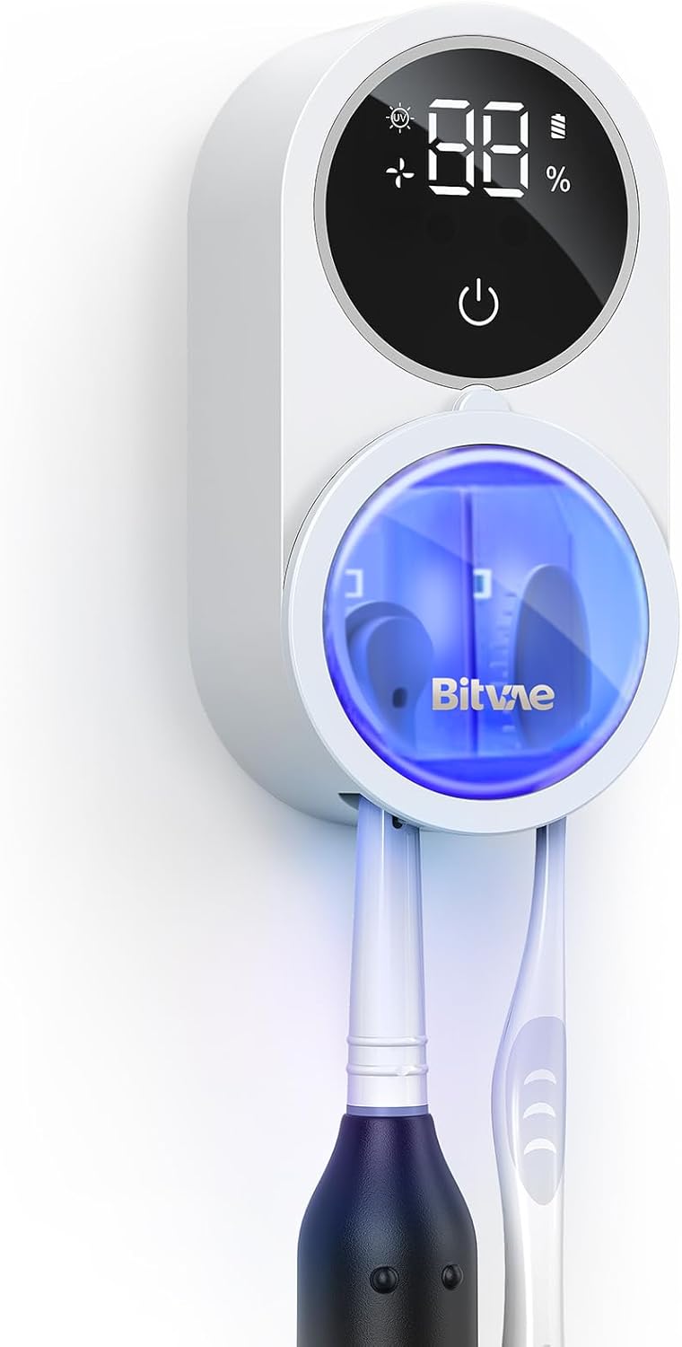 بيتفي منظف فرشاة الأسنان من Bitvae، تنظيف بالأشعة فوق البنفسجية وتجفيف بالهواء، شاشة ذكية LED، حامل فرشاة أسنان قابل للشحن مثبت على الحائط، أبيض - Image 1