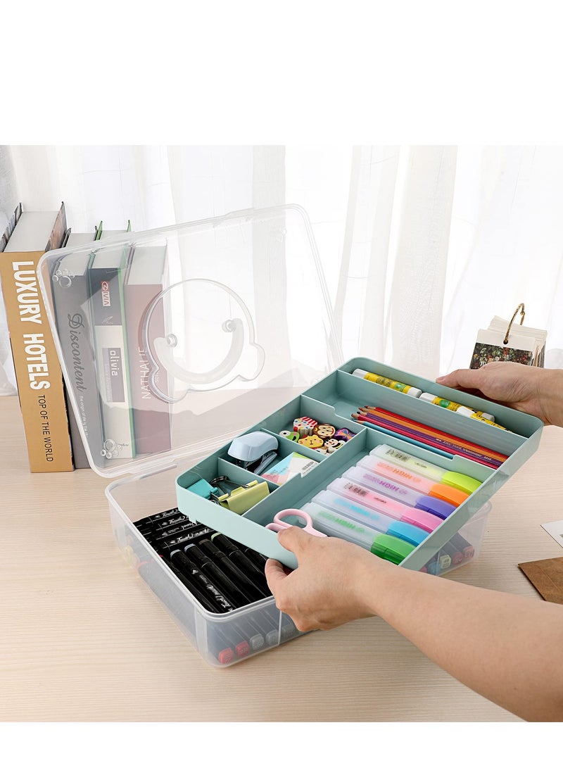 2-Tier Storage Box With Removable Divided Tray Portable Clear Plastic Art Craft Supply Organizer Stackable Home Office Supplies Storage Container For Pens Notes A4 Papers - Image 2