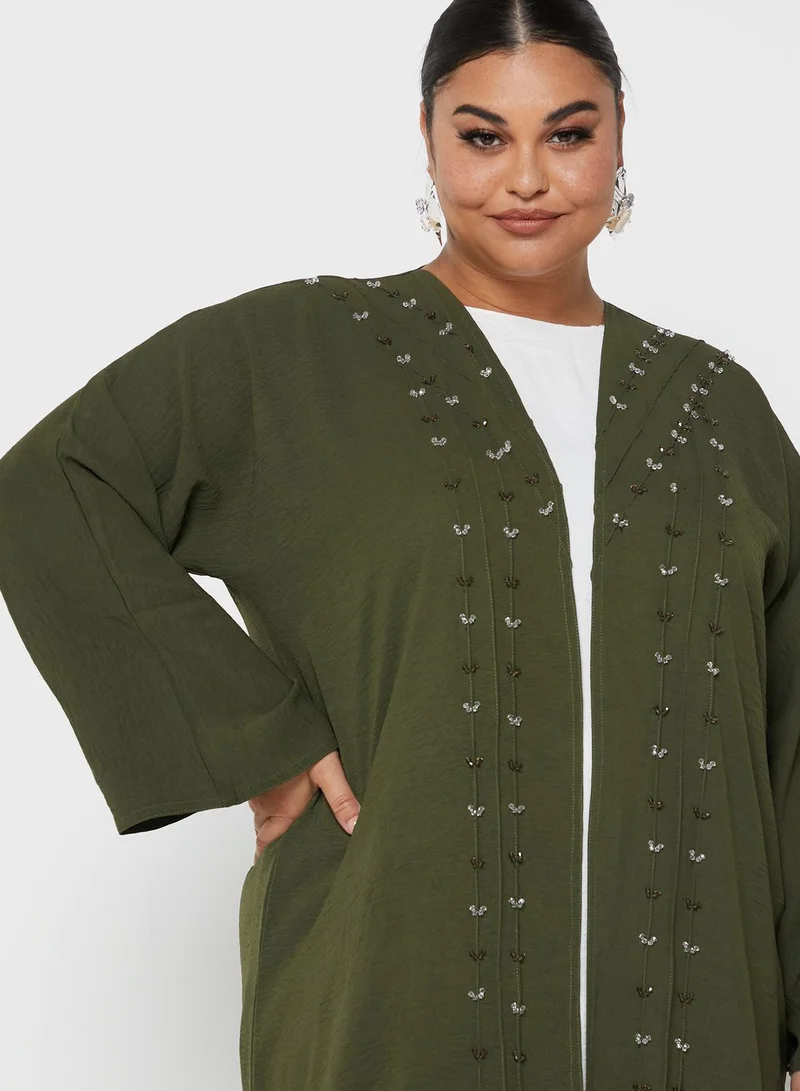 Hayas Closet Curve Embellished Contrast Detail Abaya