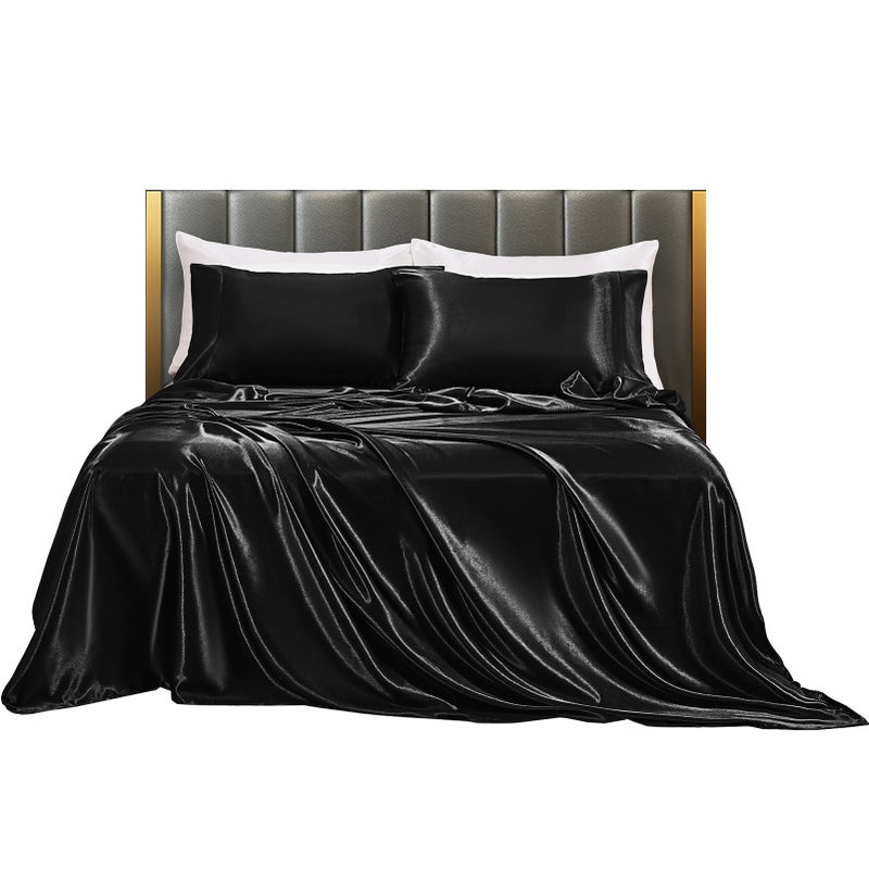 Bedding Six Piece Set Household European and American Solid Color One Piece Imitation Silk Bed Sheet Pillowcase KING - Image 1