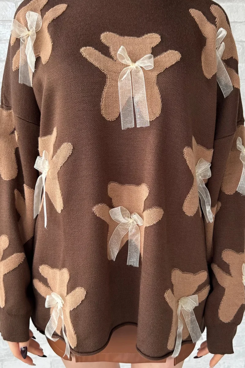 Gülseli Rose Bear Patterned Ribboned Crew Neck Women's Knitwear Sweater