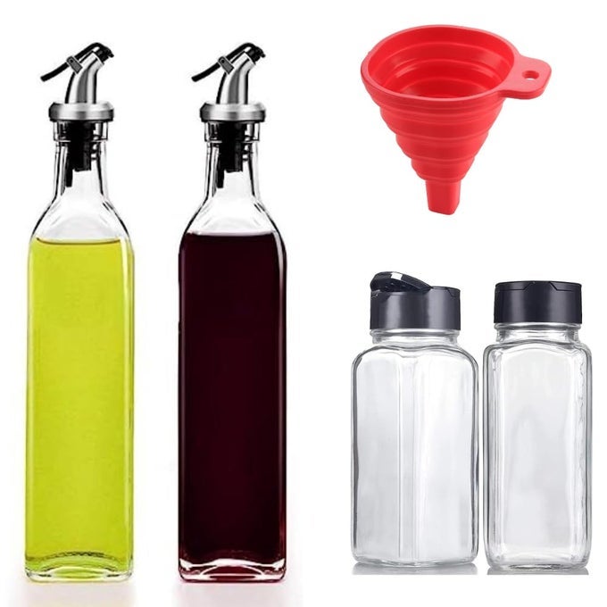 GLASS 2 OIL DISPENSER WITH 2 SQUARE GLASS SPICE JAR WITH 1 SILICONE FOLDING FUNNEL SALAD DRESSING CRUET GLASS BOTTLE OLIVE OIL BOTTLES DISPENSER PACK OF 5