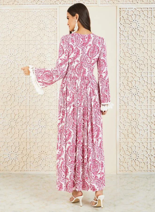 Styli Paisley Print Tassel Detail Sleeves A-Line Maxi Dress