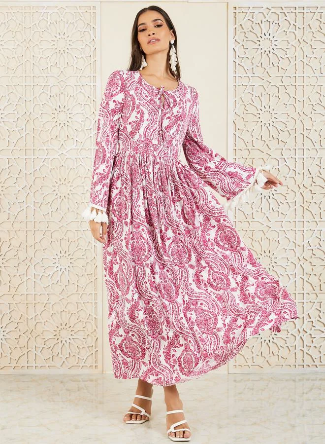 Styli Paisley Print Tassel Detail Sleeves A-Line Maxi Dress
