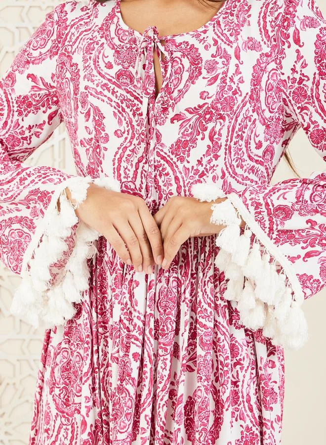 Styli Paisley Print Tassel Detail Sleeves A-Line Maxi Dress