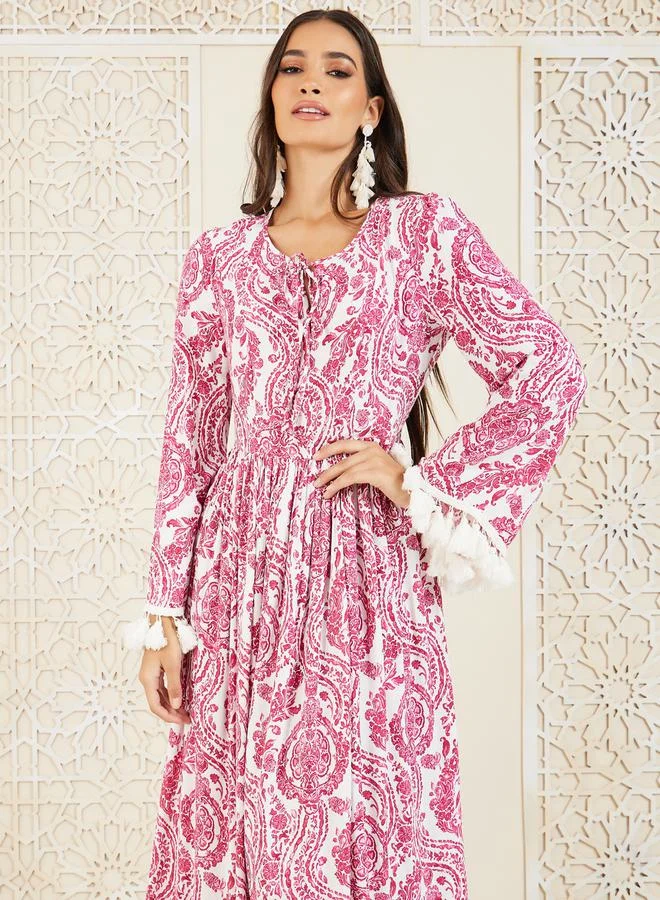 Styli Paisley Print Tassel Detail Sleeves A-Line Maxi Dress