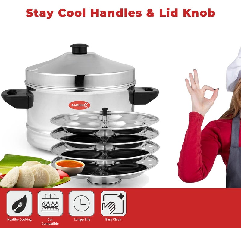 AADHIK Outer Lid Idly Cooker Stainless Steel Idli Maker With 4 Plates 16 Idlies 5 Liter Silver - Image 2