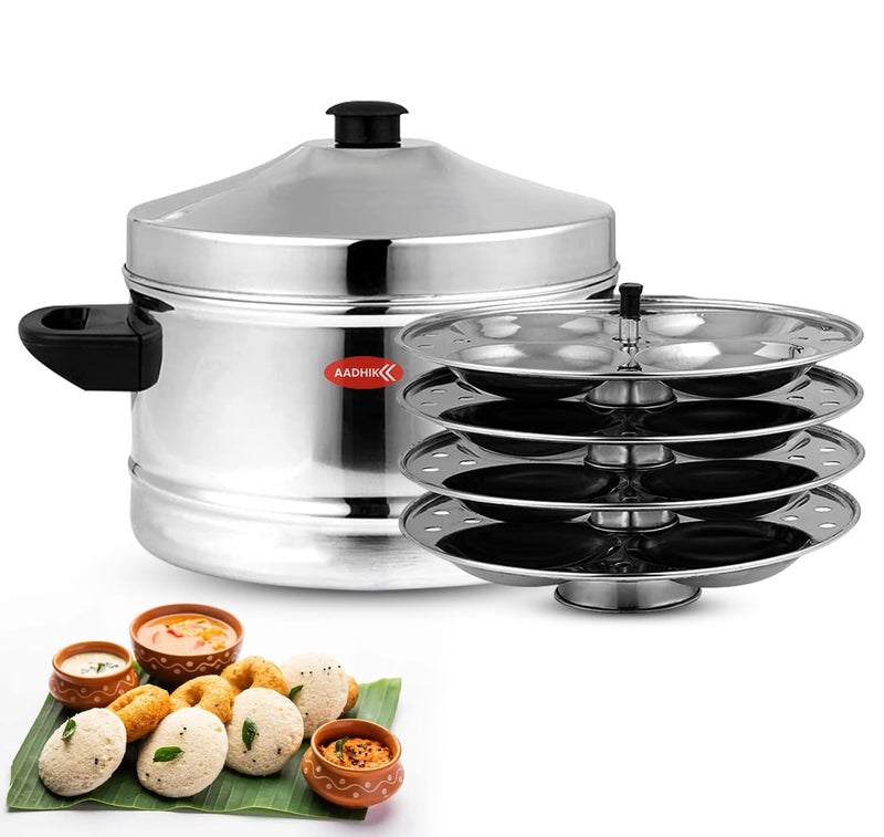 AADHIK Outer Lid Idly Cooker Stainless Steel Idli Maker With 4 Plates 16 Idlies 5 Liter Silver - Image 1