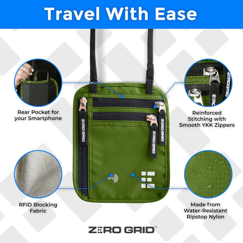 Zero Grid محفظة عنق للسفر وحامل جواز السفر مع حجب RFID - حقيبة سفر نحيفة وسهلة الإخفاء من النايلون للرجال والنساء - تحمل الهاتف والنقود والبطاقات والمفاتيح - مقاومة للعرق والماء - كبيرة - غابة - Image 4