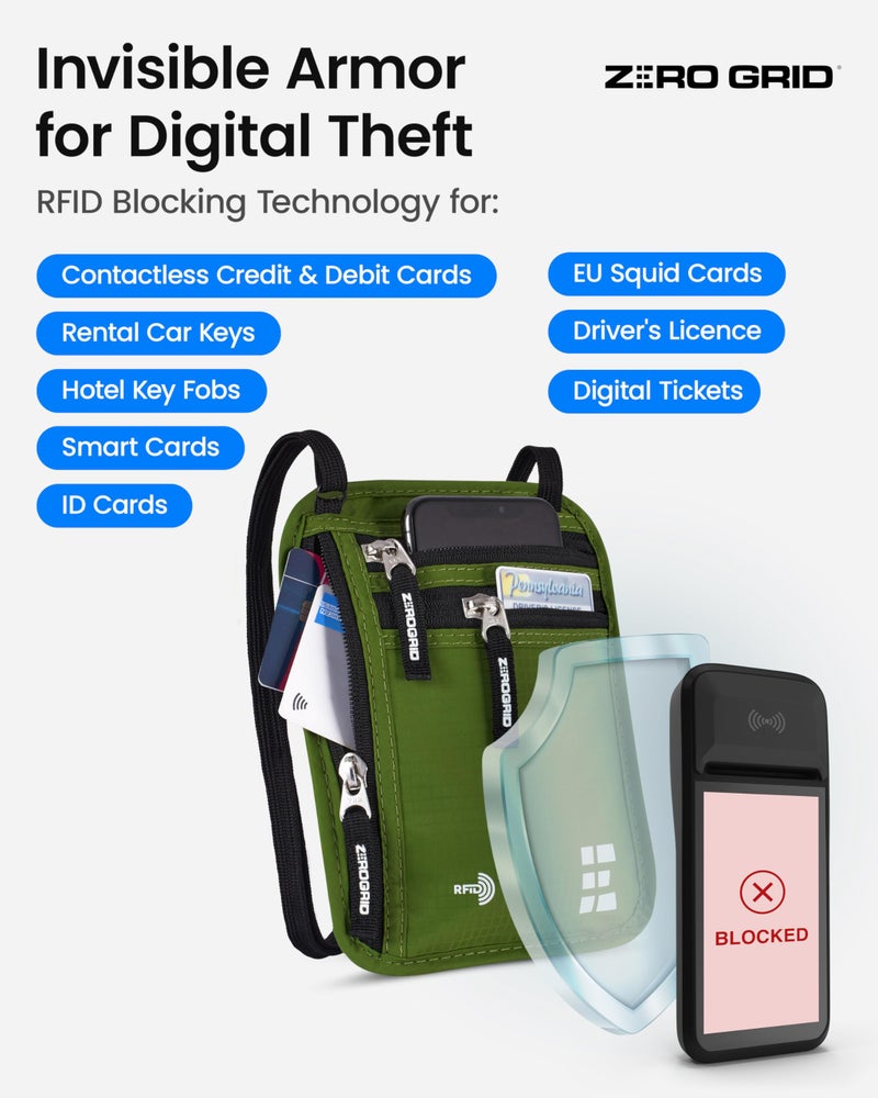 Zero Grid محفظة عنق للسفر وحامل جواز السفر مع حجب RFID - حقيبة سفر نحيفة وسهلة الإخفاء من النايلون للرجال والنساء - تحمل الهاتف والنقود والبطاقات والمفاتيح - مقاومة للعرق والماء - كبيرة - غابة - Image 3