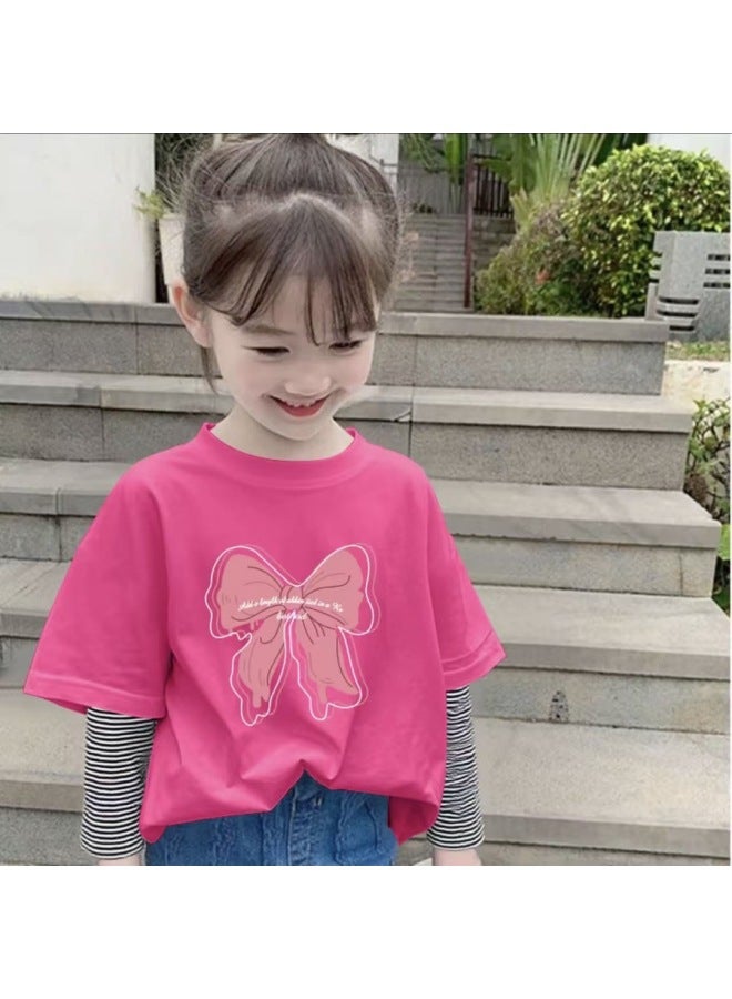 Girls' New Round Neck Fake Two-piece T-shirt Baby Patchwork Inner Wear Long Sleeve Mid-child Autumn Spring Pure Cotton Base Layer Top