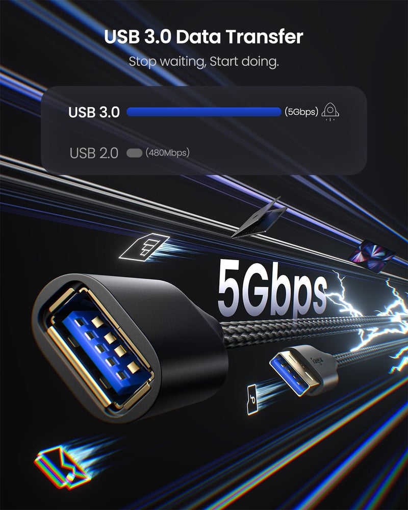Fasgear USB 3.0 extension cable 6ft/1.8m,Male to Female,5Gbps High-Speed For Data Sync & Charging,Durable Extender Braided Cord Compatible With Camera/Printer/Gamepad/Xbox/Webcam/Hard Drive (Black) - Image 2