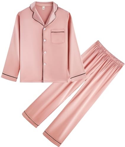 OEIU Kid Silky Satin Pajamas Set for Girls Boys pj Set Sleepwear Button-up Lounge Sets Nightwear Rose Gold 170 - Image 1