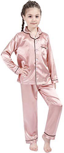 OEIU Kid Silky Satin Pajamas Set for Girls Boys pj Set Sleepwear Button-up Lounge Sets Nightwear Rose Gold 170 - Image 2