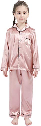 OEIU Kid Silky Satin Pajamas Set for Girls Boys pj Set Sleepwear Button-up Lounge Sets Nightwear Rose Gold 170 - Image 5