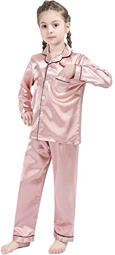 OEIU Kid Silky Satin Pajamas Set for Girls Boys pj Set Sleepwear Button-up Lounge Sets Nightwear Rose Gold 170 - Image 3