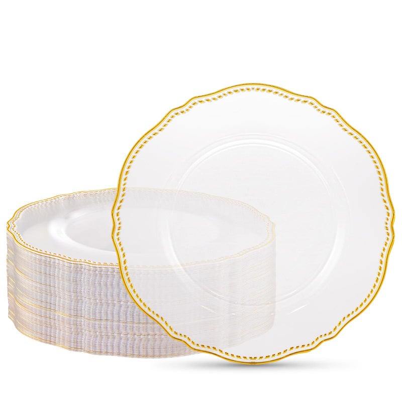 Hioasis 60pcs Clear Plastic Plates - Clear and Gold Disposable Dinnerware with Gold Rim, Heavy-duty, 10.25 inch, Dinner Plates for Party & Wedding - Image 1