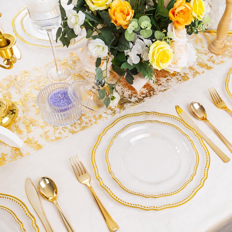 Hioasis 60pcs Clear Plastic Plates - Clear and Gold Disposable Dinnerware with Gold Rim, Heavy-duty, 10.25 inch, Dinner Plates for Party & Wedding - Image 2