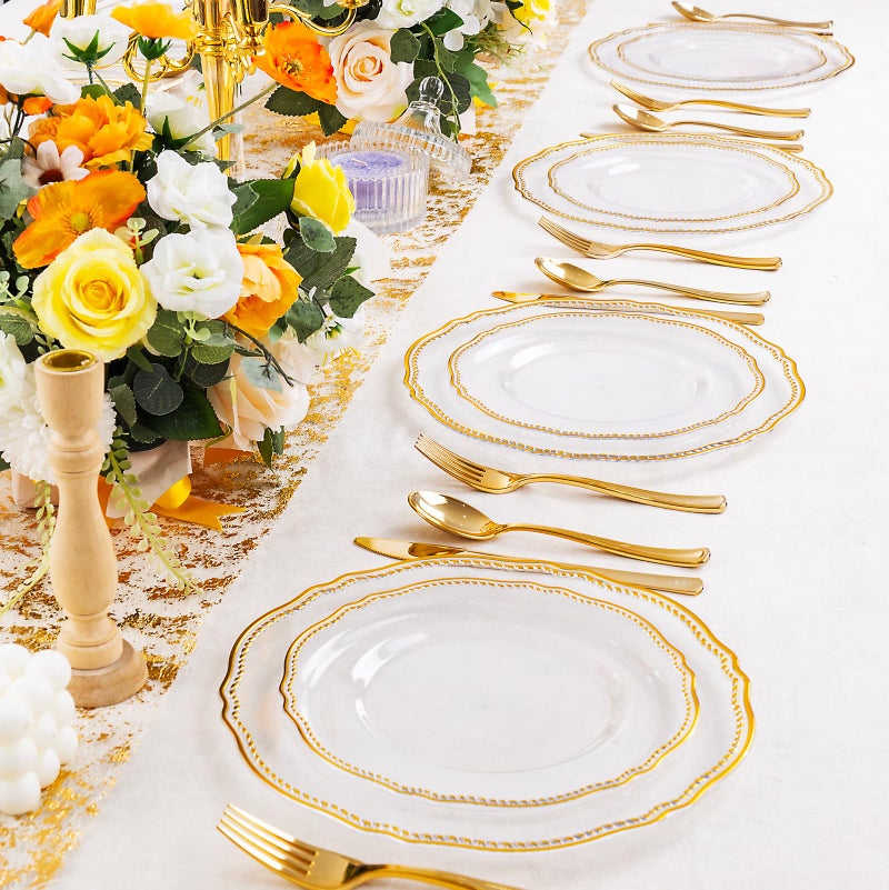 Hioasis 60pcs Clear Plastic Plates - Clear and Gold Disposable Dinnerware with Gold Rim, Heavy-duty, 10.25 inch, Dinner Plates for Party & Wedding - Image 3