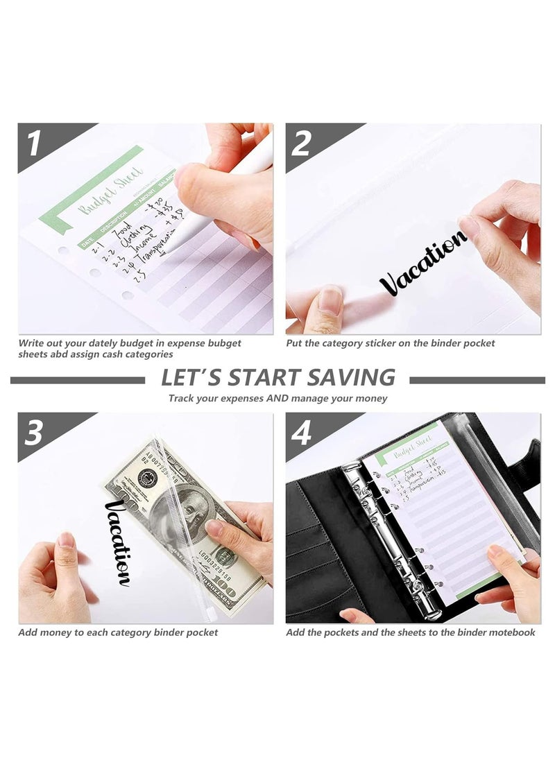 CMGTYYD CMGTYYD A6 Pu Leather Budget Binder,Cash Envelopes for Budgeting, 8 pcs Budget Binder With Magnetic Zipper Envelopes, 12 pcs Budget Sheets, 2 pcs Budget Binder Stickers(Black)  - Image 5