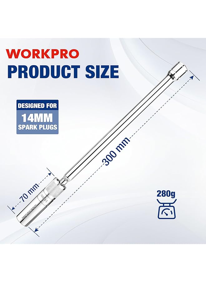 ووركبرو مقبس شمعة احتراق مغناطيسي 14 مم، أداة إزالة شمعة احتراق دوارة عالمية 12 نقطة، محرك 3/8 بوصة × 300 مم مرن ممتد لإصلاح السيارات - Image 2